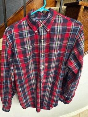 Large Ralph Lauren Red and Navy Plaid Button-Down Custom fit Shirt